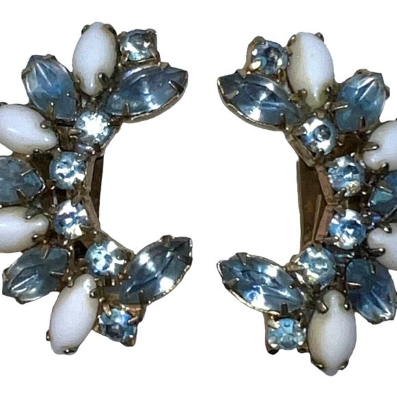 Vintage 50s Blue Sapphire Glass Marquis & Milk Glass Stone Ear Climber Clip Ons - Picture 1 of 3